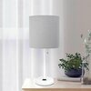 Creekwood Home Oslo 19.5in Contemporary Bedside Power Outlet Base Metal Table Lamp, White, Gray Drum Fabric Shade CWT-2008-GO